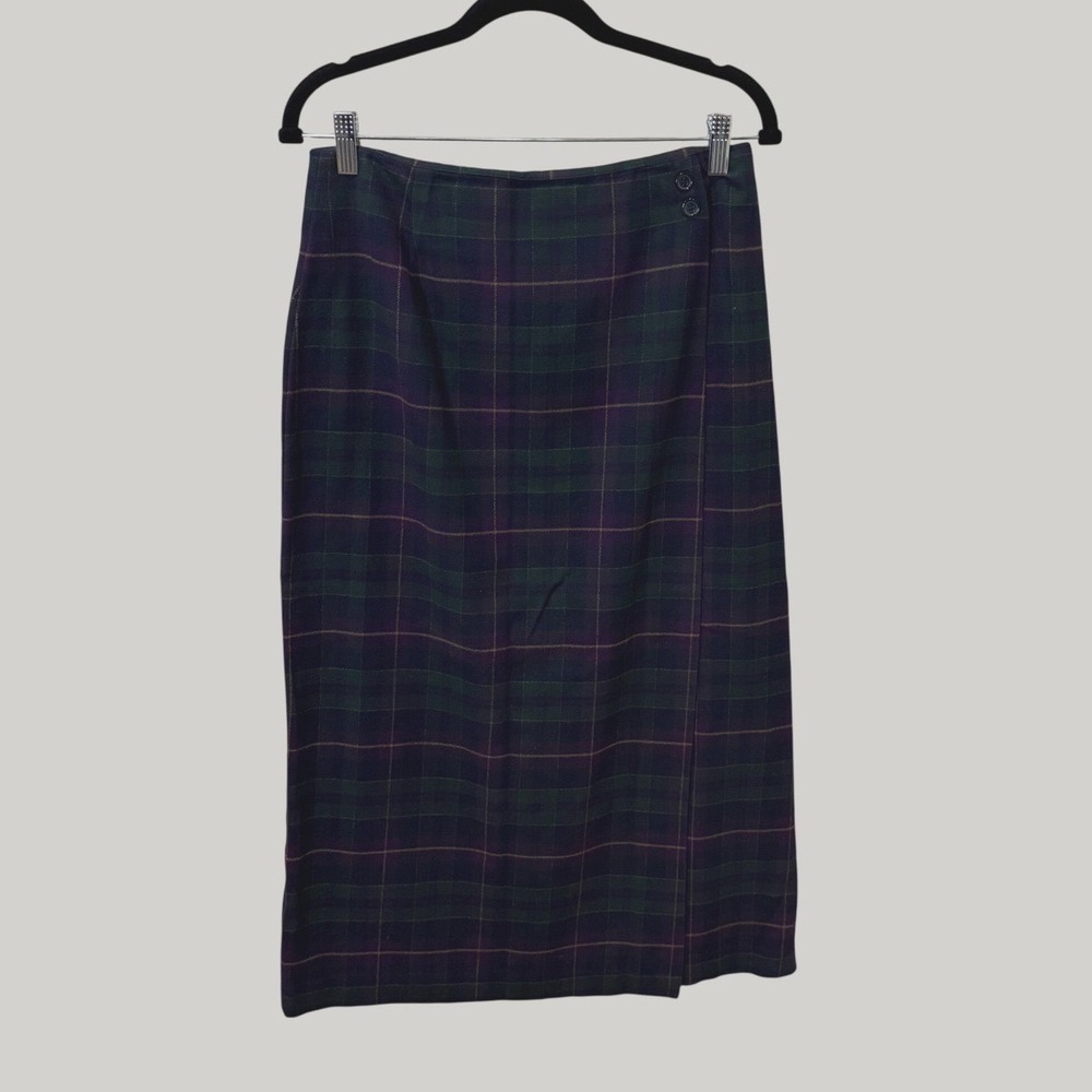 Talbots Plaid Midi Skirt Green Purple Cotton Sz 12 Vintage Preppy Dark Academia
